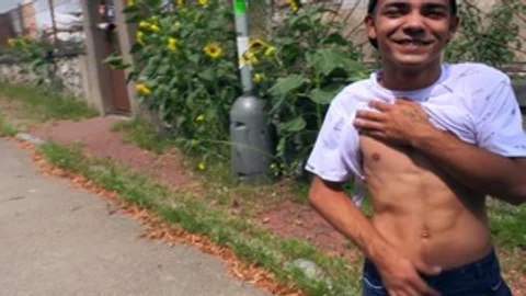 lovely man with dyed hair gets nailed outdoors